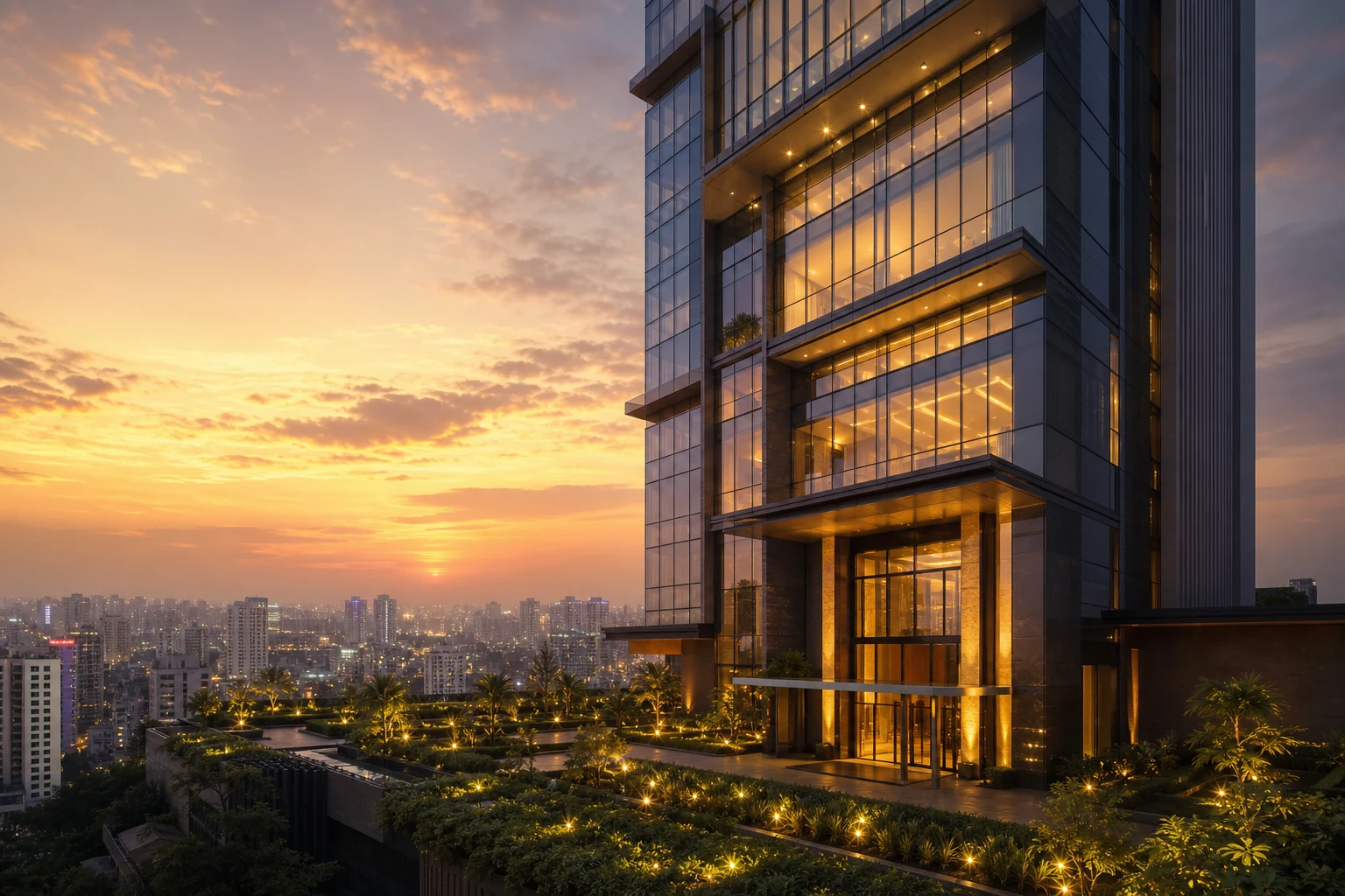 Luxury modern residential tower at golden hour